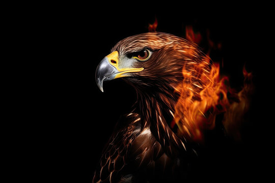 An eagle is on fire, isolated on dark background. AI generative image.