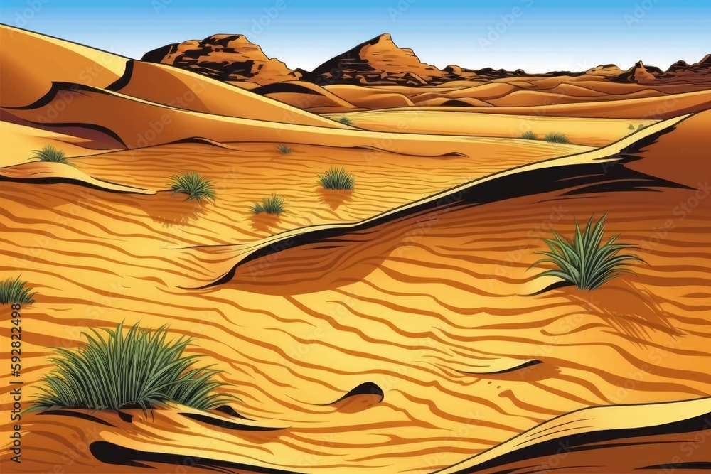 Wall mural desert landscape with a serene blue sky. Generative AI