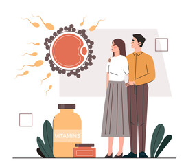 Concept of fertilization. Human reproduction, family planning metaphor. People waiting pregnancy. Young man and woman look at ovum. Fertility and parenthood. Cartoon flat vector illustration