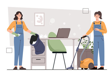 Cleaning service concept. Women with black bag and vacuum cleaner clean up in office. Cleanliness and hygiene.