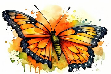 colorful butterfly painted in watercolor on a blank white background. Generative AI