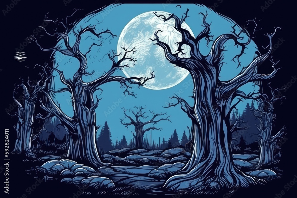 Poster serene forest scene with a glowing full moon in the background. generative ai