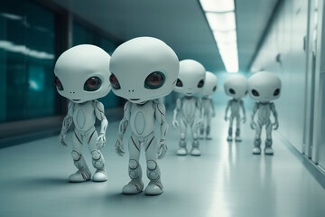 Obraz premium Group of young alien students at a futuristic school corridor. Generative AI
