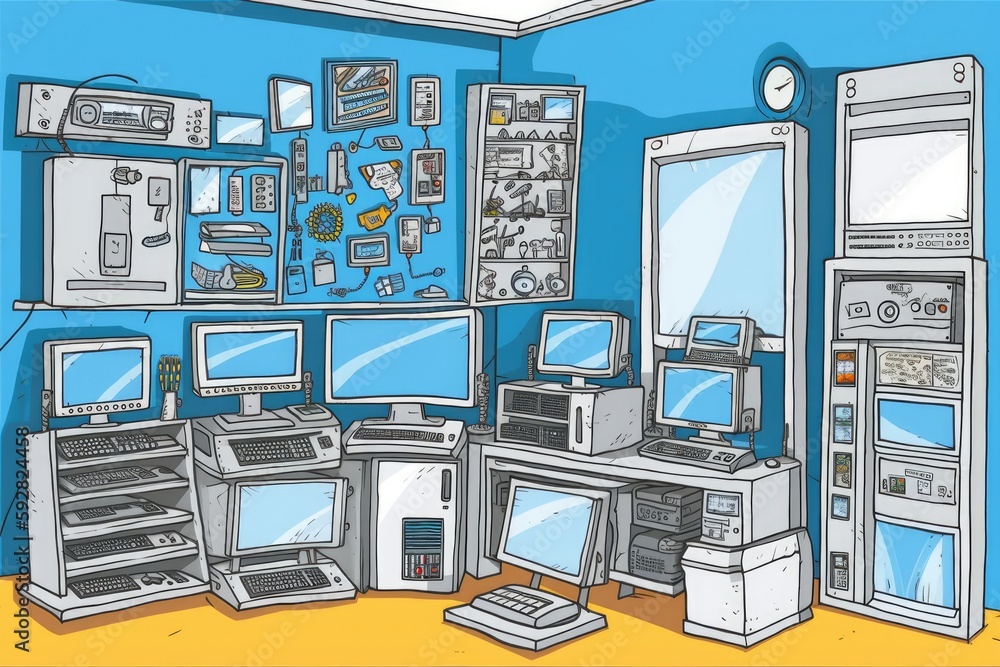 Poster computer lab filled with many computer stations. generative ai
