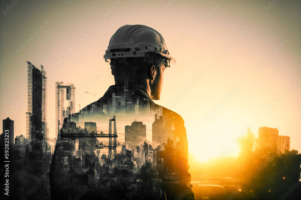 Poster civil engineer portrait as concept for building construct by professional with hardhat helmet engine