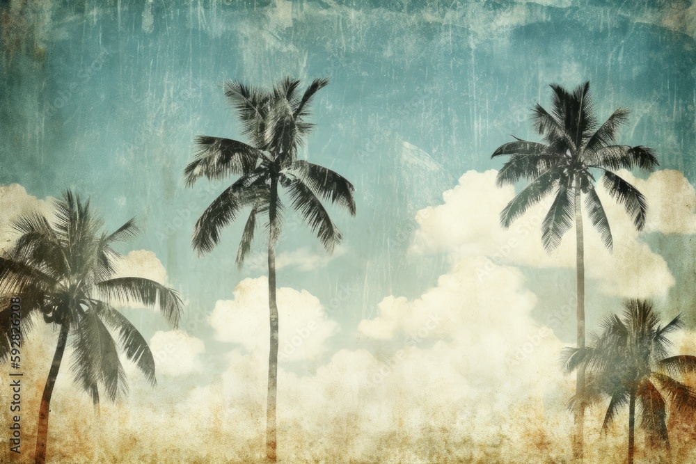 Poster grungy palm trees and clouds in a tropical setting. Generative AI