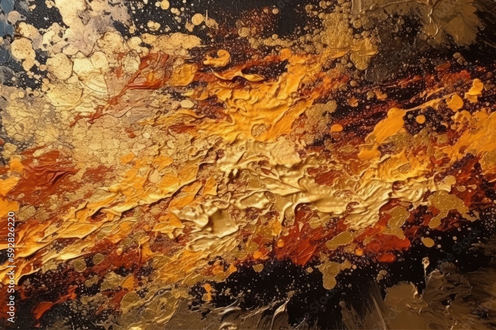 Poster an abstract painting with a dominant color scheme of gold and black. generative ai