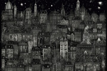 Naklejka premium city skyline at night in black and white. Generative AI