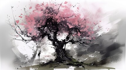 Fototapeta na wymiar Japanese inspired watercolor style cherry blossom tree, abstract art, digital illustration, Generative AI
