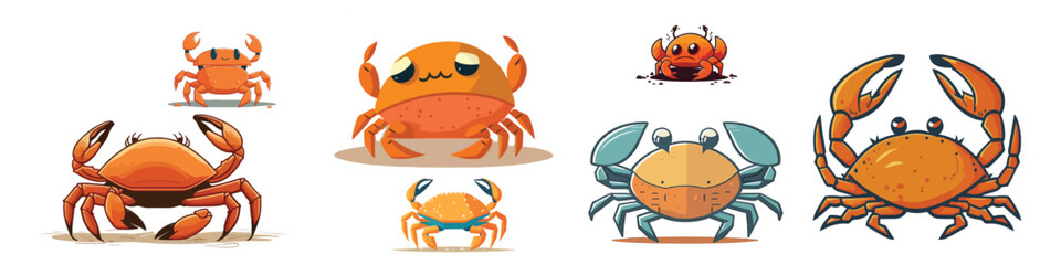 set of crab vector illustration. Sea creature in flat design. Shell crab icon isolated on white background. Water animal with claws