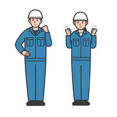 ガッツポーズをする作業員男女のイラスト