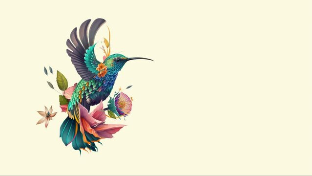 Video ave colibrí colorído agitando las alas entre flores flotando para utilizar como fondo o diapositiva.