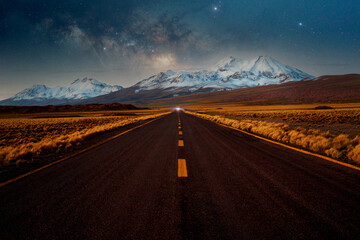 altiplano road at night with Milky Way and star in the background in los Flamencos National Reserve...