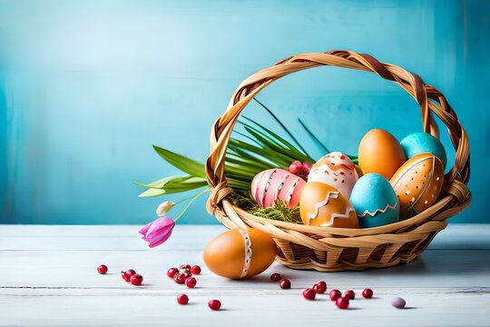 Colorful Easter Eggs with Flowers in a Beautiful Basket on a Wooden Table, Generative AI