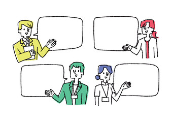 説明をしているビジネスマンや看護師と吹き出しのフレームセット