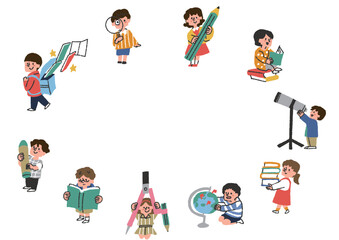 学ぶ子供達のイラストを集めた楕円のフレーム素材