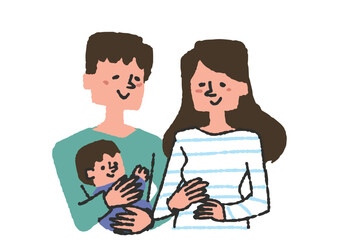 赤ちゃんを抱っこするパパと妊娠しているママがいる家族のイラスト素材