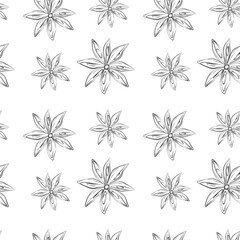 Fototapeta premium Seamless pattern of outline drawing of an anise star. Spicy spice for coffee or mulled wine. Isolate