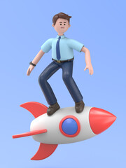 3D Illustration of smiling Asian man Felix standing on rocket to the moon.Business Startup,Decision Flying Concept，3D rendering on blue background.
