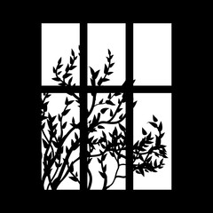 Silhouette of window and brunch of bushes on white. Gobo mask.