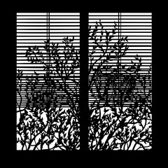 Silhouette of window and branches with leafs on black. Blinds lowered to the middle.
