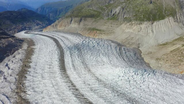 Aerial view of the Aletsch Glacier - or Great Aletsch Glacier - is the largest glacier in the Alps. It is located in the eastern Bernese Alps in the Swiss canton of Valais, Switzerland.