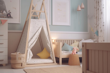 Fototapeta na wymiar Mockup frame in a farmhouse style children's room with natural wooden furniture, Generative AI 