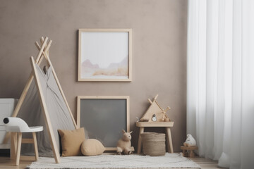 Mockup frame in a rustic children's room with natural wooden furniture and farmhouse decor, Generative AI	