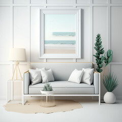 Mockup frame in Coastal interior background, room in light pastel colors, Generative AI	