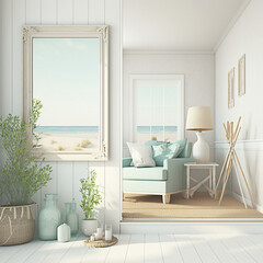 modern living room with furniture coastal interior background, room in light pastel colors, Generative AI	