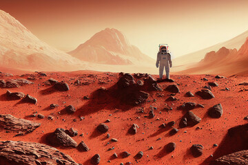 Ravishing digital illustration of Mars landscape feature with red surface and mountain with astronaut. Space exploration and martian on red planet concept by generative AI.