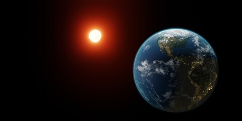 Beautiful 3d earth planet on black background 3d render. World planet satellite, Stars, nebula and galaxy. Concept of climate change, dark night, cities lights, sunrise. Sunrise from outer space