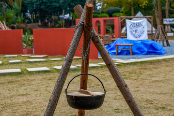 Various tableware, kettles and utensils for outdoor camping