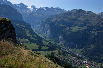 Fototapeta na wymiar Lauterbrunnen valley and Brenese Alps mountains from Manikin