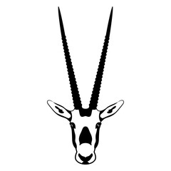 Mask head of Oryx antelope with big long horns. Scimitar oryx. Oryx dammah. African animal. Black and white silhouette. - obrazy, fototapety, plakaty