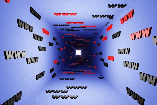 WWW symbols sign in blue tunnel background 3d render. Hypertext transfer protocol secure web 3