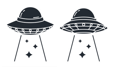 UFO saucer Futuristic toy alien spaceship. The unknown flying object on isolated white background. Vector illustration line drawing design.