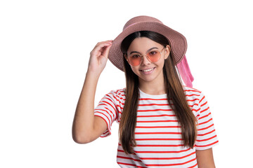 face of summer vacation teen girl on background. summer vacation teen girl in studio.