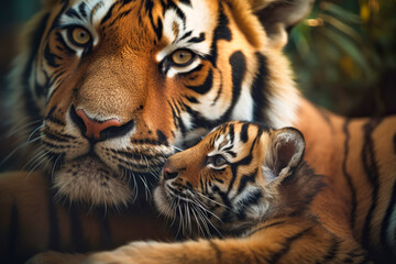Tiger cub on his mother tiger in a jungle