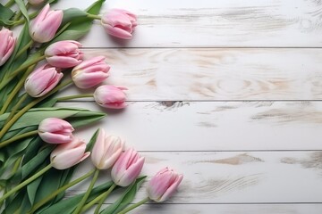 Close-up of blooming tulips flowers on a wooden background