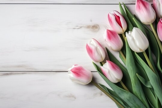 Close-up of blooming tulips flowers on a wooden background