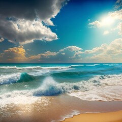 Fototapeta na wymiar Beautiful panoramic seascape with surf waves against a blue sunny sky with clouds. Mediterranean