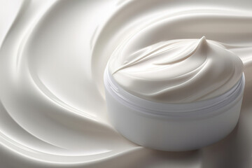 Beauty cream cosmetics and cosmetology creative idea. Jar of white cream and swirling soft texture, close-up. Generative AI
