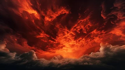 Fotobehang Bright red sunset. Dramatic evening sky with clouds. Fiery skies with space for design. Magic fantasy sky. War, battle, terror, world apocalypse, horror concept. © JanPaulAnthony