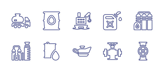 Oil and gas industry line icon set. Editable stroke. Vector illustration. Containing tank truck, oil barrel, oil platform, fuel, refinery, extraction, oil, pipe, valve.