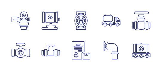 Oil and gas industry line icon set. Editable stroke. Vector illustration. Containing valve, oil spill, oil truck, pipe, logistics, oil tank.