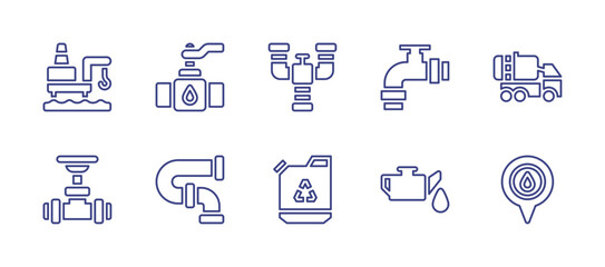 Oil and gas industry line icon set. Editable stroke. Vector illustration. Containing oil rig, valve, oil valve, pipe, tank truck, gas can, oil, placeholder.