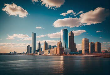 View of Jersey City skyline from lower Manhattan, sunny, blue sky, light clouds, nobody. Generative AI
