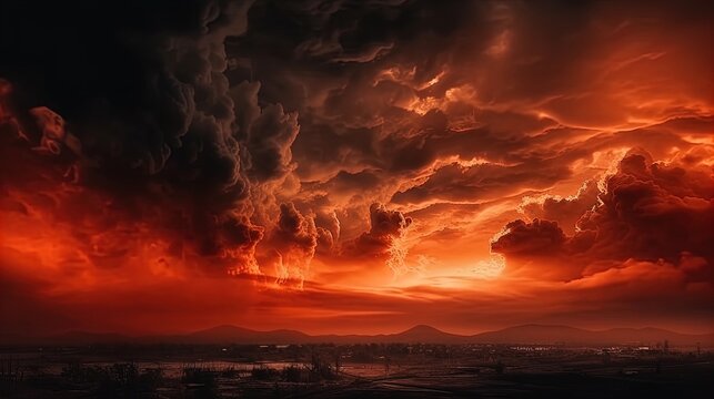 Bright red sunset. Dramatic evening sky with clouds. Fiery skies with space for design. Magic fantasy sky. War, battle, terror, world apocalypse, horror concept.