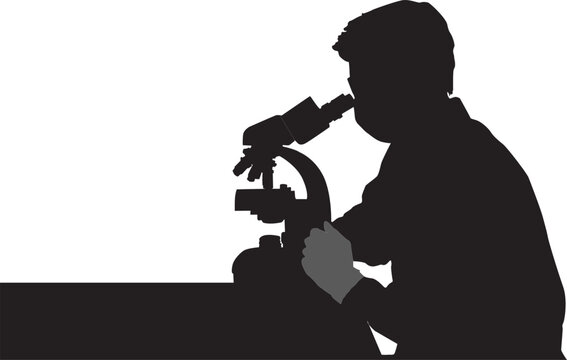 isolated silhouette of scientist with microscope , white background black and white drawing